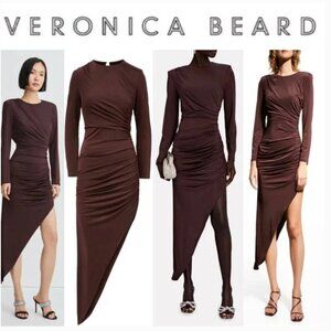 Veronica Beard Tristana Dress Asymmetrical Long Sleeve High Slit Brown Size 14
